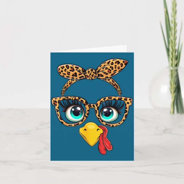 Tarjeta Leopard Print Thanksgiving Funny Turkey Face Gles  (Anverso)