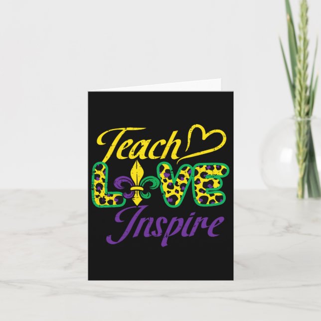 Tarjeta Leopard Teach Love Inspire Maestra de Mardi Gras (Anverso)