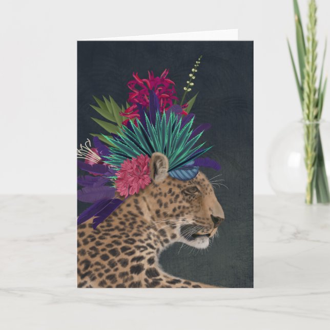Tarjeta Leopardo con la cabeza tropical (Anverso)