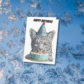 Tarjeta Leopardo de las nieves con sombrero de cumpleaños