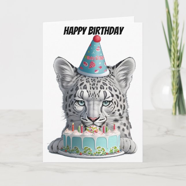 Tarjeta Leopardo de las nieves con sombrero de cumpleaños (Anverso)