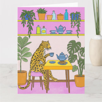 Tarjeta Leopardo Tomando Té