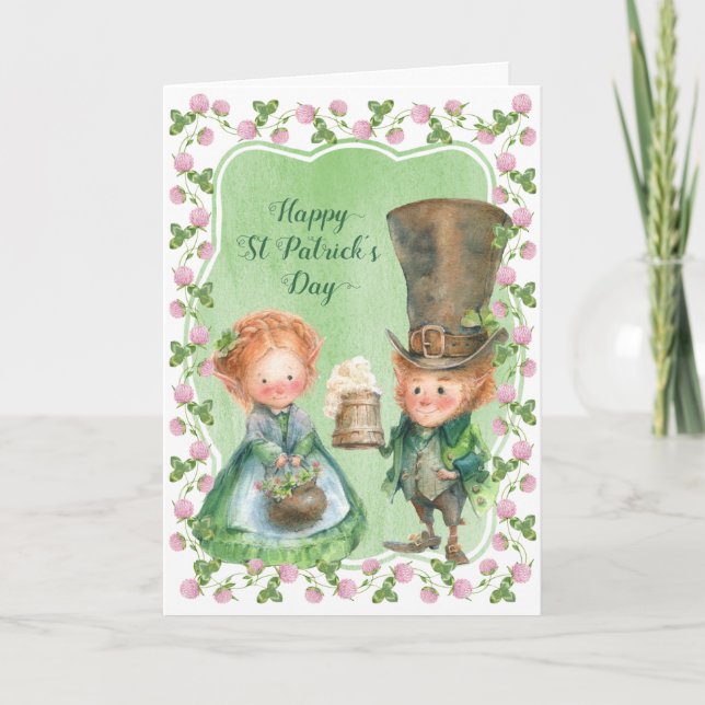 Tarjeta Leprechaun y Clover | Día de San Patricio (Anverso)