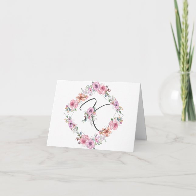 Tarjeta Letra rosa floral wreath K Note Card (Anverso)