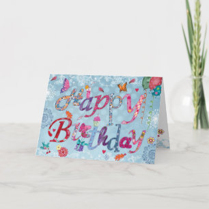 Tarjeta Letras divertidas de cumpleaños azules con letra a