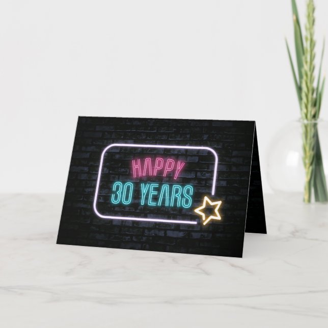 Tarjeta Letrero de neón para cumpleaños número 30 en tarje (Anverso)