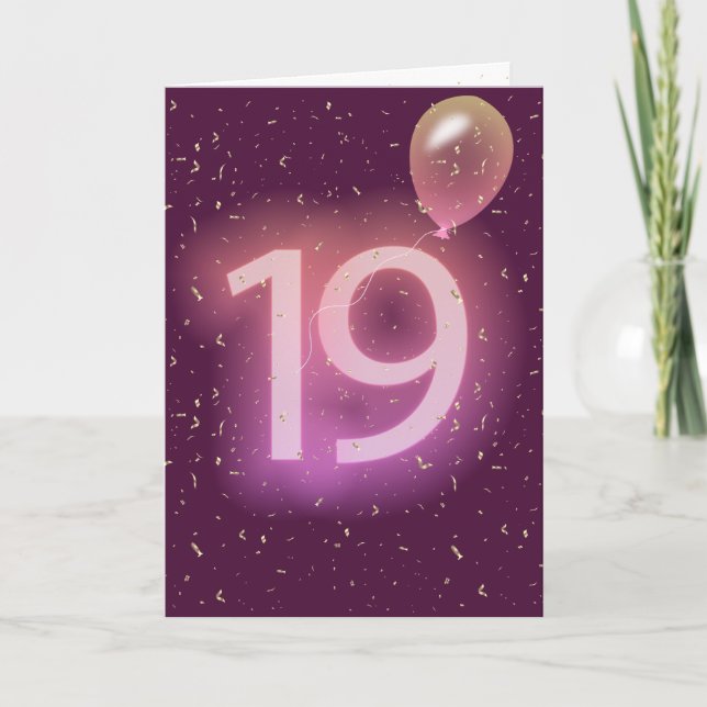 Tarjeta Letrero de neón y globo de cumpleaños 19 (Anverso)