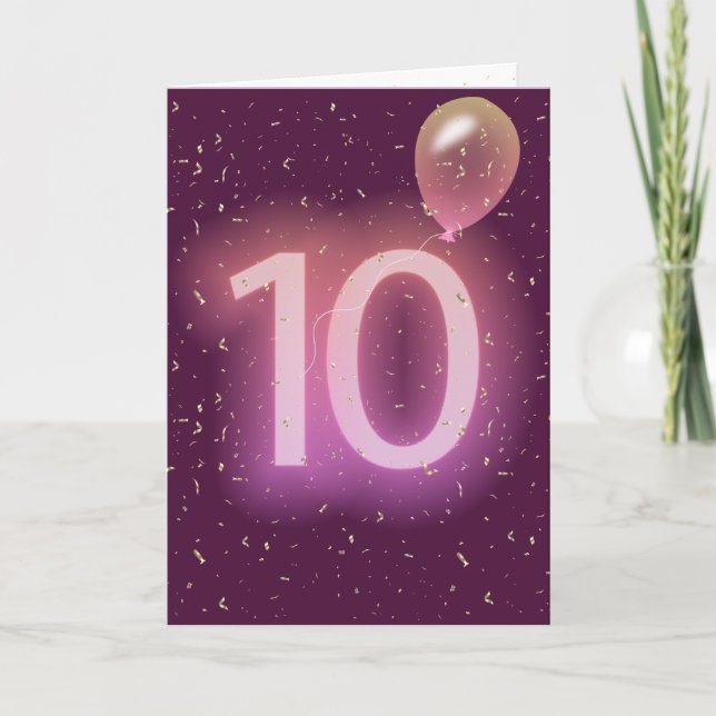 Tarjeta Letrero de neón y globo de cumpleaños número 10 (Anverso)