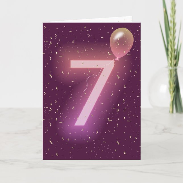 Tarjeta Letrero de neón y globo de cumpleaños número 7 (Anverso)