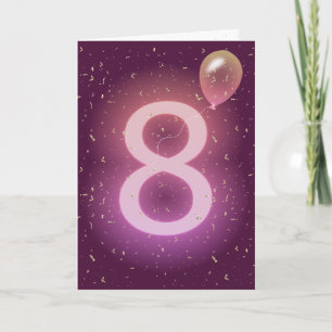 Tarjeta Letrero de neón y globo para 8º cumpleaños