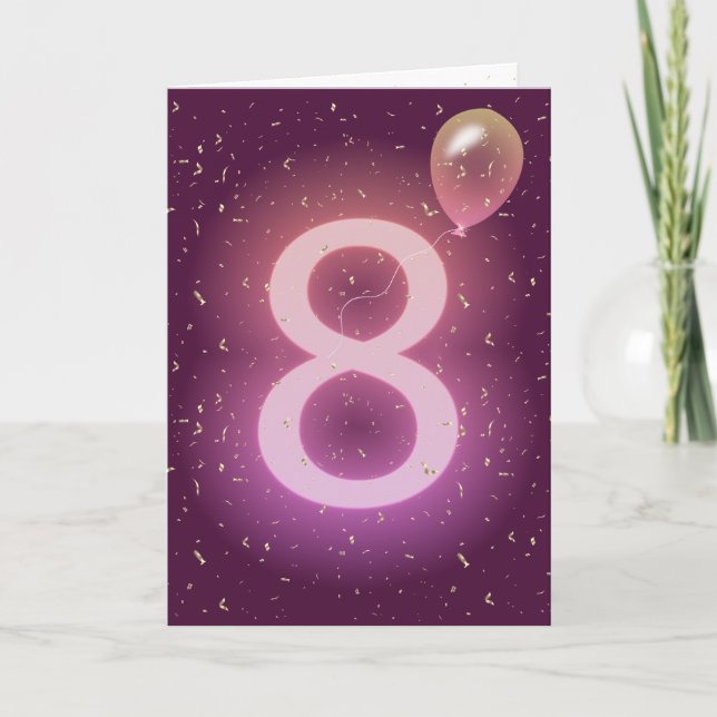 Tarjeta Letrero de neón y globo para 8º cumpleaños (Anverso)