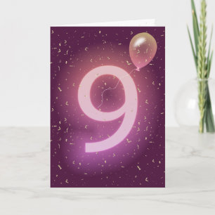 Tarjeta Letrero de neón y globo para cumpleaños número 9