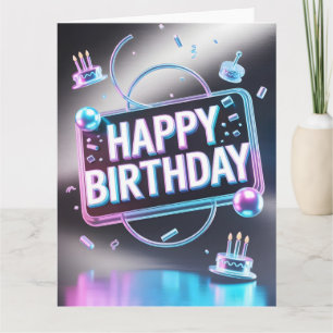 Tarjeta Letrero Neon 3D "Feliz Cumpleaños" Futurista