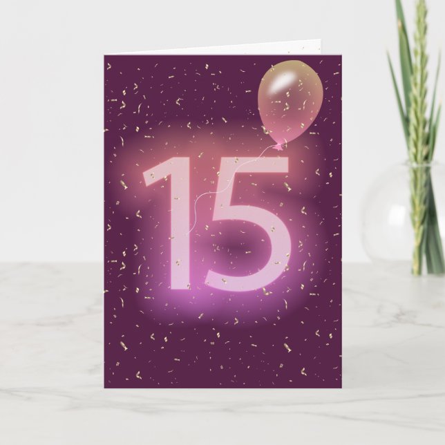 Tarjeta Letrero neón de cumpleaños 15 y globo (Anverso)