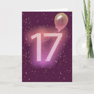 Tarjeta Letrero neón y globo de cumpleaños 17