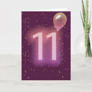 Tarjeta Letrero neón y globo de cumpleaños número 11