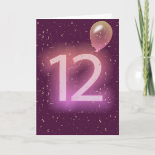 Tarjeta Letrero neón y globo de cumpleaños número 12