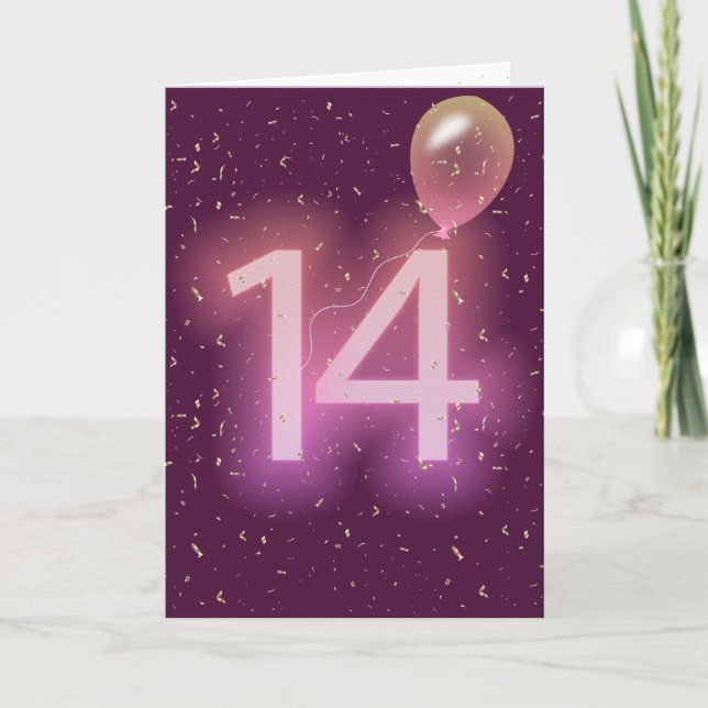Tarjeta Letrero neón y globo de cumpleaños número 14 (Anverso)