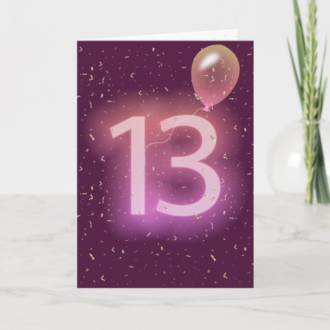 Tarjeta Letrero neón y globo para cumpleaños 13 (Anverso)