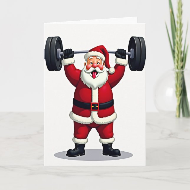 Tarjeta Levantamiento de pesas de Navidad de Papá Noel (Anverso)
