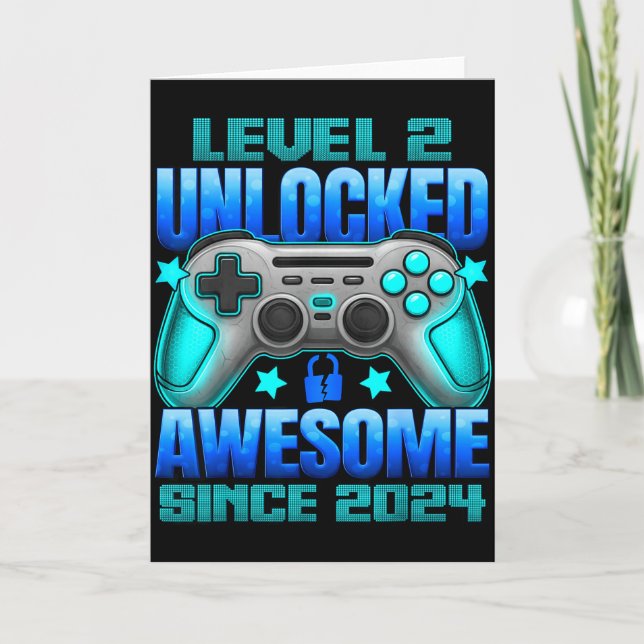 Tarjeta Level 2 Unlocked 2 Year Old For Boys 2nd Birthday  (Anverso)