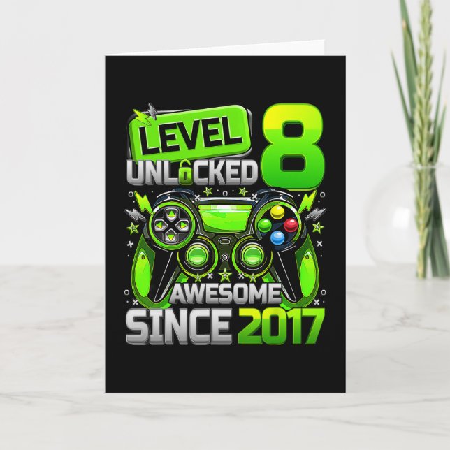 Tarjeta Level 8 Unlocked Awesome Since 8th Birthday Gaming (Anverso)