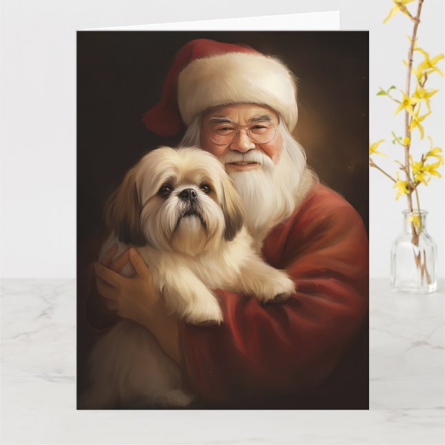Tarjeta Lhasa Apso Con Navidades Festividades De Santa Cla (flor amarilla)