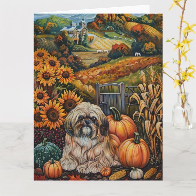 Tarjeta Lhasa Apso Dog otoño Harvest Acción de Gracias (flor amarilla)