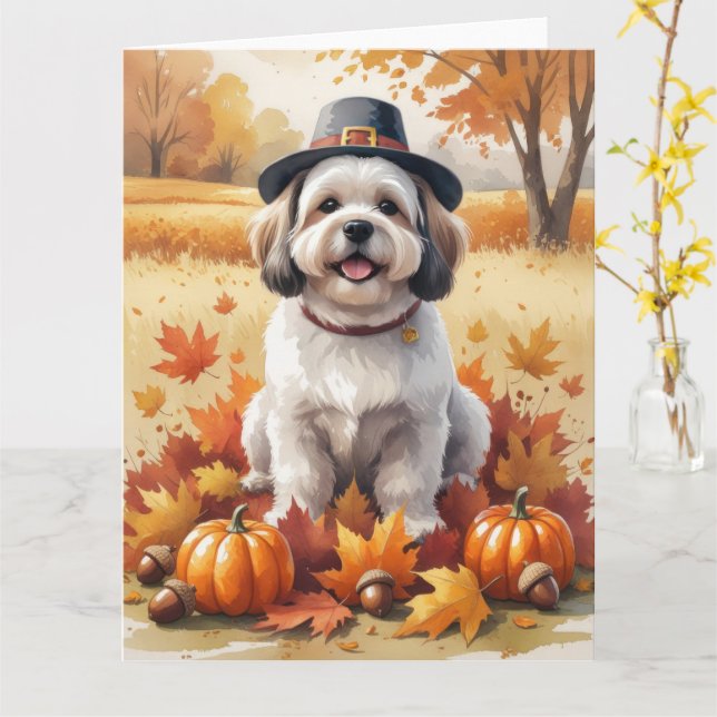 Tarjeta Lhasa Apso En Otoño Deja El Arte De Acción De Grac (flor amarilla)