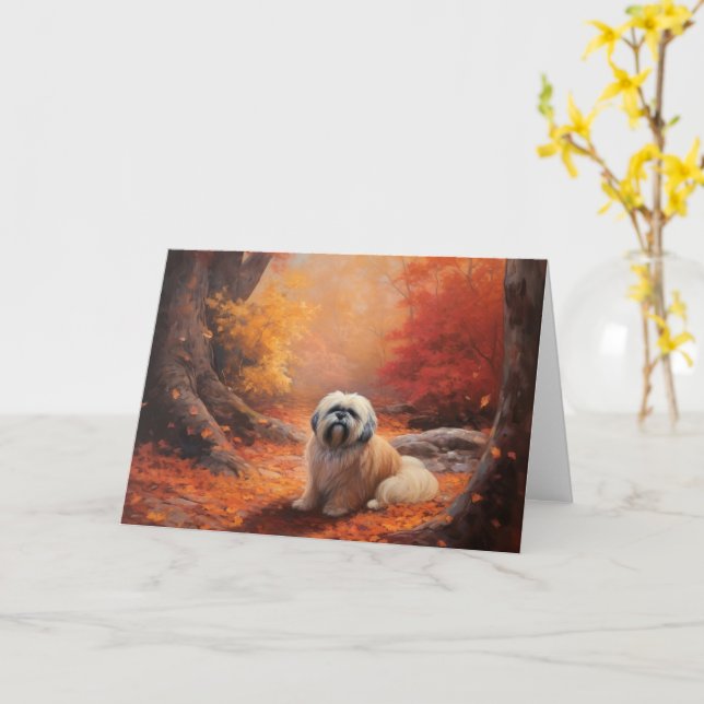 Tarjeta Lhasa Apso en Otoño Hojas Caídas Inspiran (flor amarilla)
