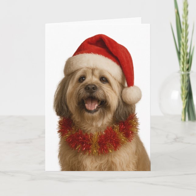Tarjeta Lhasa Apso in a Santa hat Christmas card (Anverso)