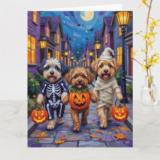 Tarjeta Lhasa Apso Pidiendo Dulces Con Disfraces De Hallow (flor amarilla)