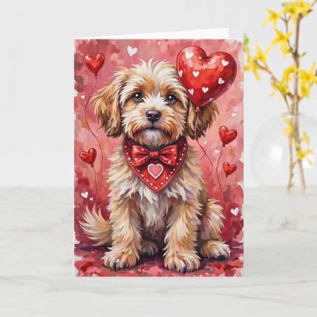 Tarjeta Lhasa Apso San Valentín Perro Sentado con Corazone (flor amarilla)