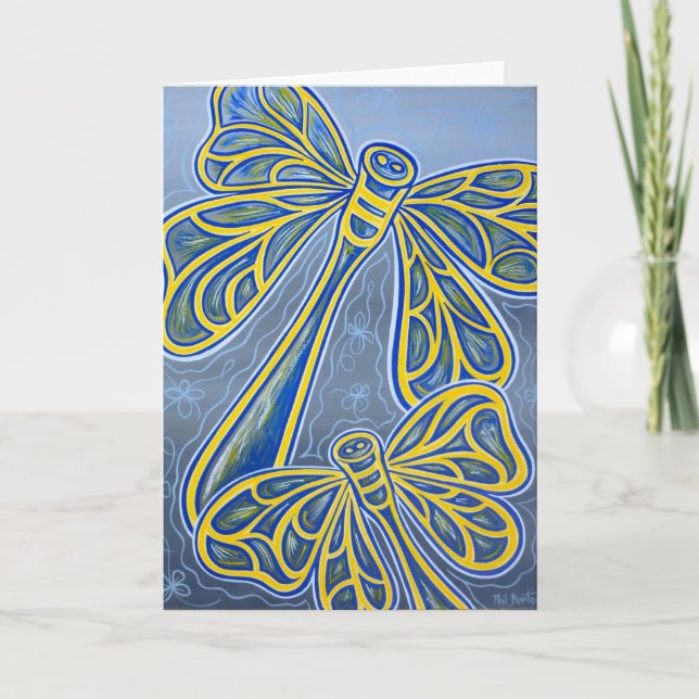 Tarjeta Libélulas azules que saludan (Anverso)
