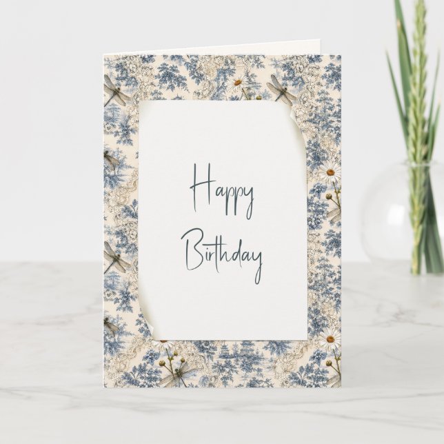 Tarjeta Libélulas, margaritas y encaje de cumpleaños (Anverso)