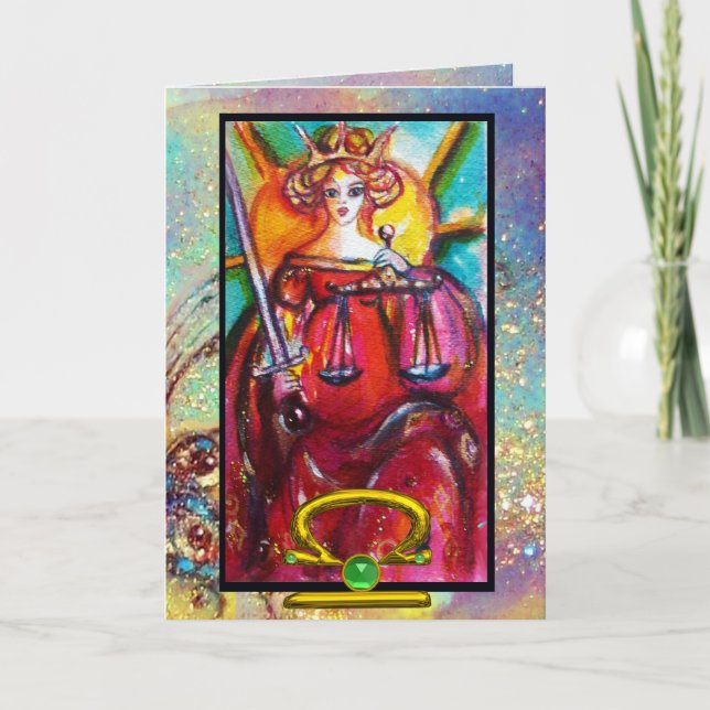 TARJETA LIBRA, JUSTICIA TAROT ASTROLOGY ZODIAC CUMPLEAÑOS (Anverso)