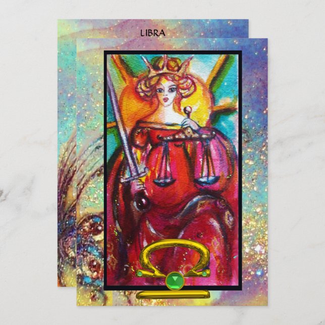 TARJETA LIBRA, JUSTICIA TAROT ASTROLOGY ZODIAC CUMPLEAÑOS (Anverso / Reverso)