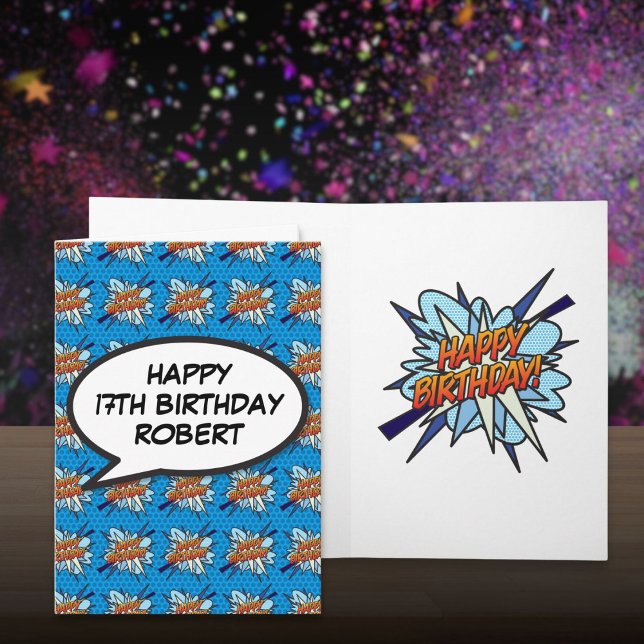 Tarjeta Libro de Cómic Personalizado FELIZ CUMPLEAÑOS Azul (Personalized Comic Book HAPPY BIRTHDAY Blue Card)