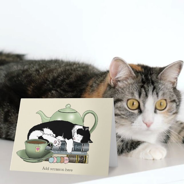Tarjeta Libros Acogedores Gato Esmoquin Té Tetera Verde Li (Subido por el creador)