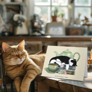 Tarjeta Libros Acogedores Gato Esmoquin Té Tetera Verde Li
