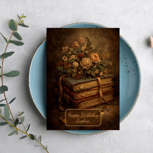 Tarjeta Libros antiguos y flores de otoño