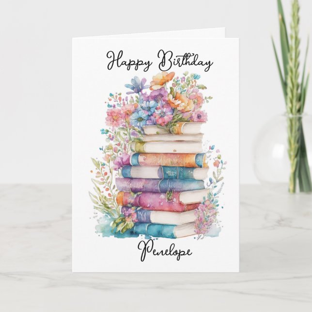 Tarjeta Libros de acuarela y flores Cumpleaños (Anverso)