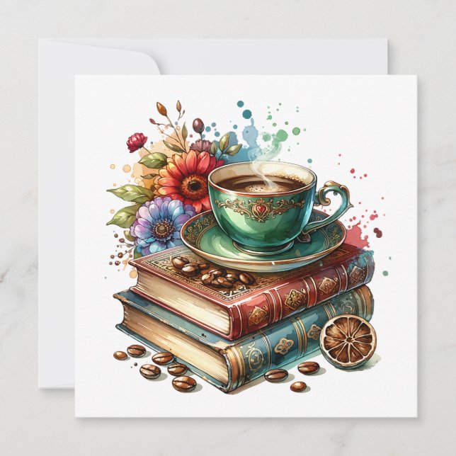 Tarjeta Libros, flores y café de época (Anverso)