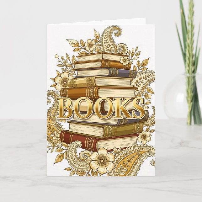 Tarjeta Libros lectores escritores bibliófilos tono dorado (Anverso)