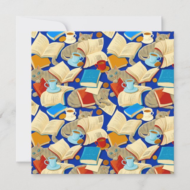 Tarjeta Libros y gatos en azul (Anverso)