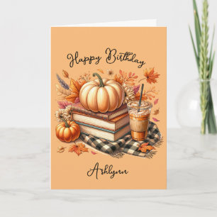 Tarjeta Libros y Naranja de café Pumpkin Spice Cumpleaños