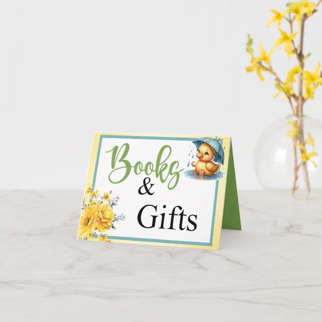 Tarjeta Libros y regalos de Baby Shower de cubo de goma (flor amarilla)