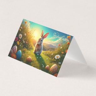 Tarjeta Liebre de Pascua y huevos de colores en el encanto