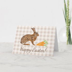 Tarjeta Liebre Marrón y Zanahorias Cuadros Beige Feliz Pas