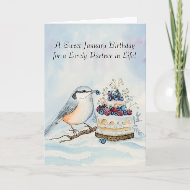 Tarjeta Life Partner Happy January Birthday Nuthatch  (Anverso)